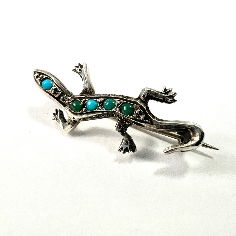 Antique Art Deco Silver Turquoise Lizard Brooch