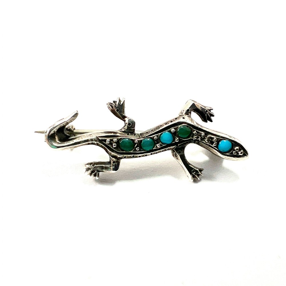 Antique Art Deco Silver Turquoise Lizard Brooch View II