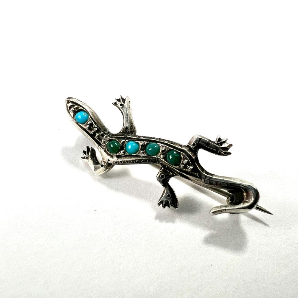 Antique Art Deco Silver Turquoise Lizard Brooch View III