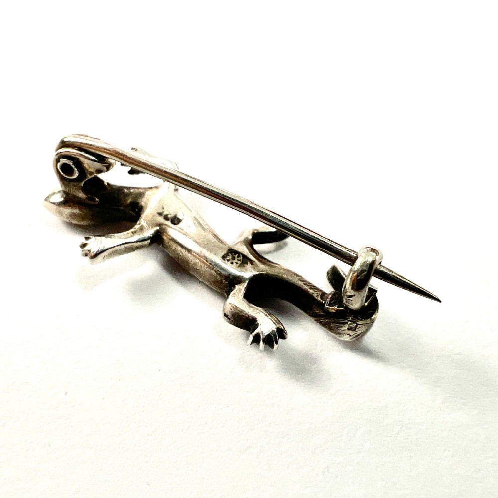 Antique Art Deco Silver Turquoise Lizard Brooch View IV