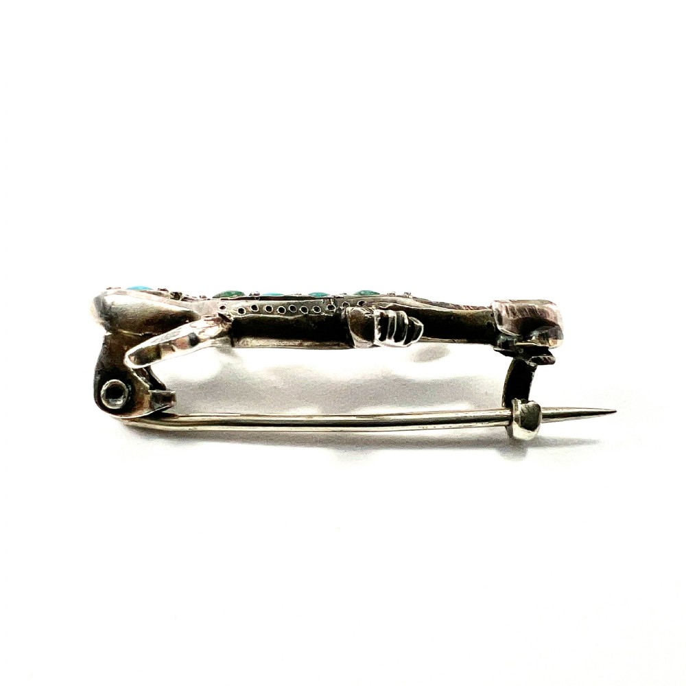 Antique Art Deco Silver Turquoise Lizard Brooch View V