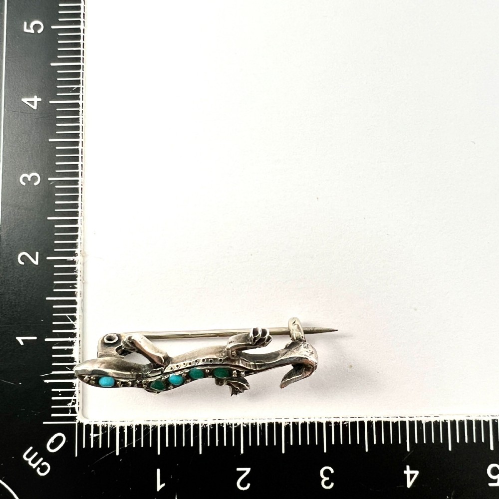 Antique Art Deco Silver Turquoise Lizard Brooch View VI
