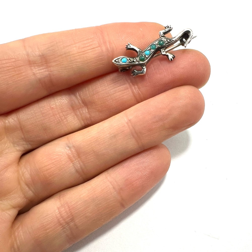 Antique Art Deco Silver Turquoise Lizard Brooch View VII