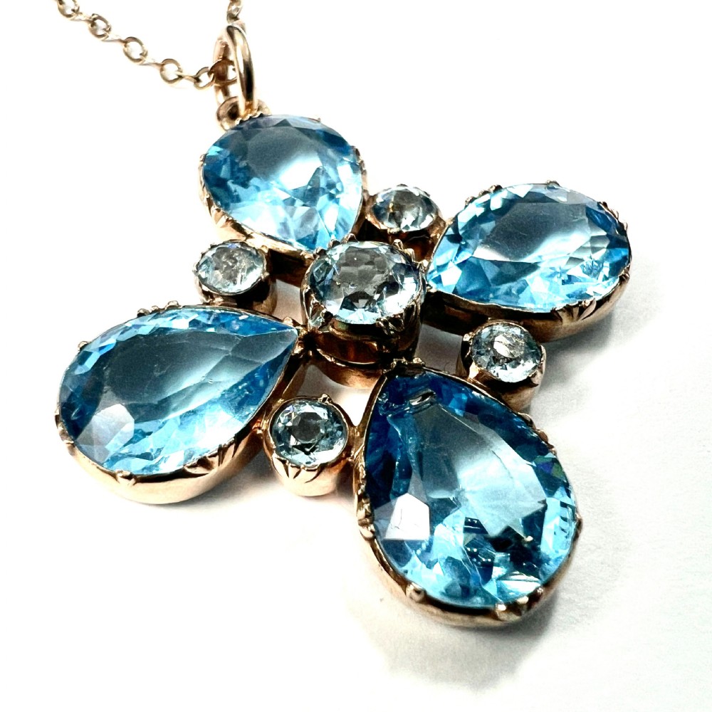 Georgian Paste Aquamarine Square Cross Pendant Necklace View II