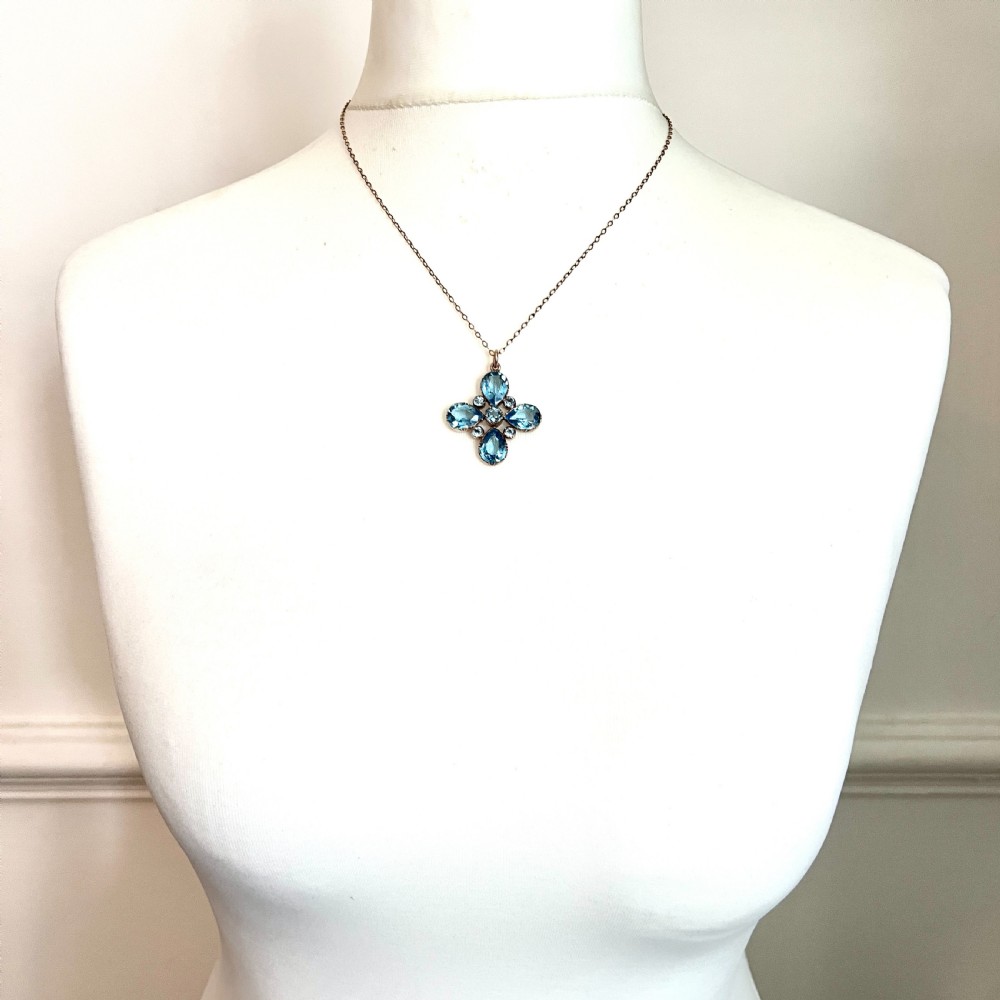 Georgian Paste Aquamarine Square Cross Pendant Necklace View VIII