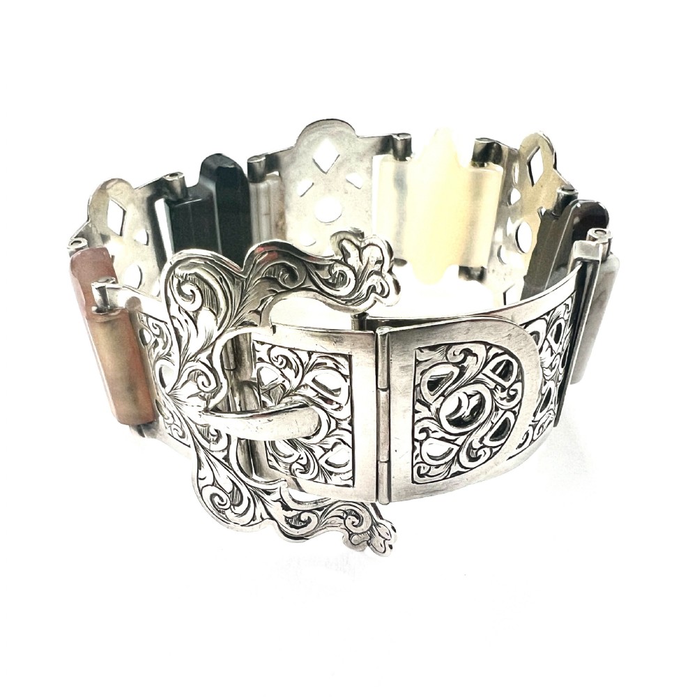 Victorian Scottish Agate Silver Buckle Bracelet