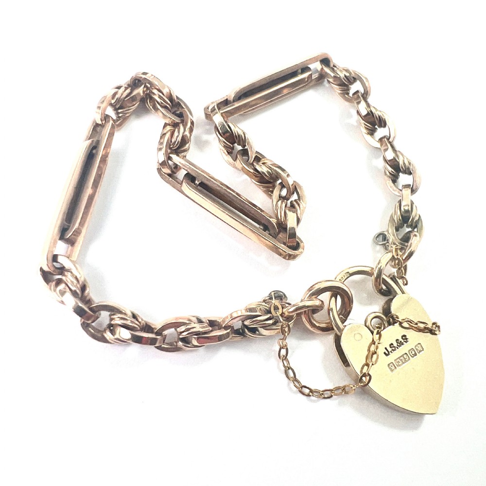 Antique 9CT Rosy Gold Long Link Bracelet with Padlock View II