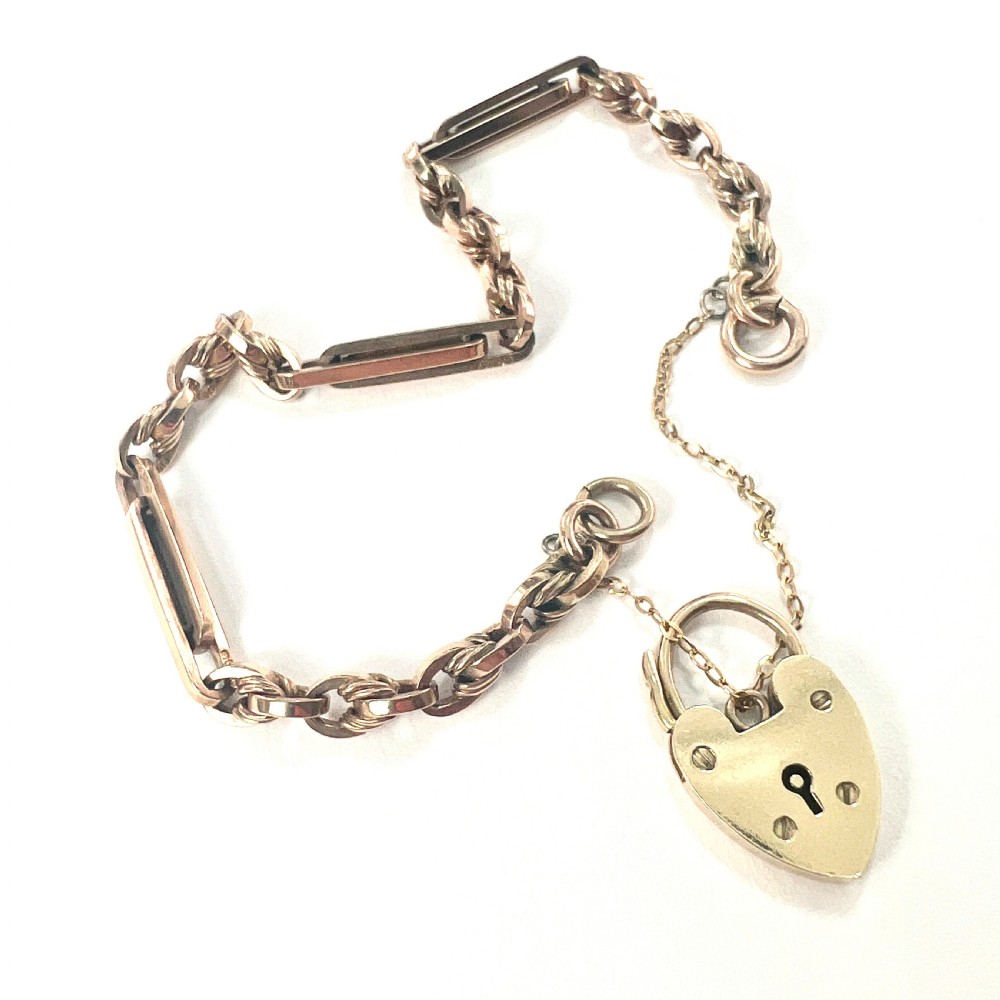 Antique 9CT Rosy Gold Long Link Bracelet with Padlock View III