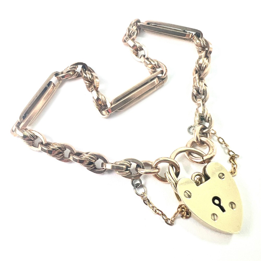 Antique 9CT Rosy Gold Long Link Bracelet with Padlock View VI