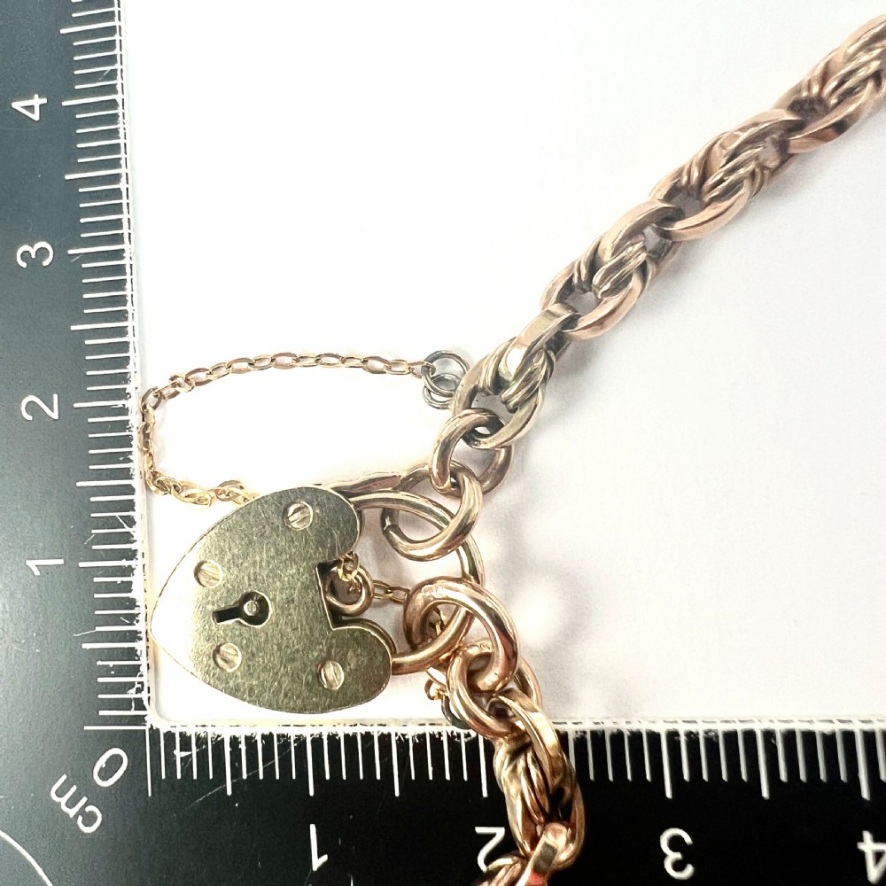 Antique 9CT Rosy Gold Long Link Bracelet with Padlock View VII