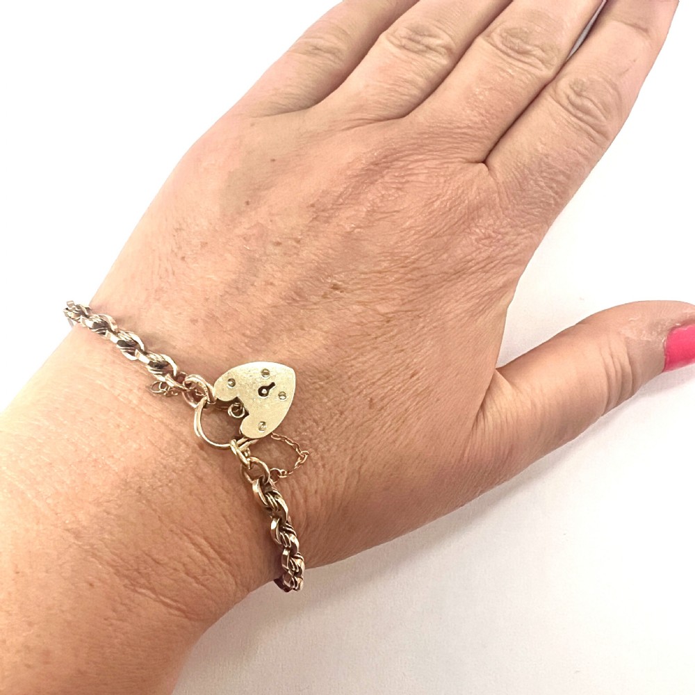 Antique 9CT Rosy Gold Long Link Bracelet with Padlock View VIII