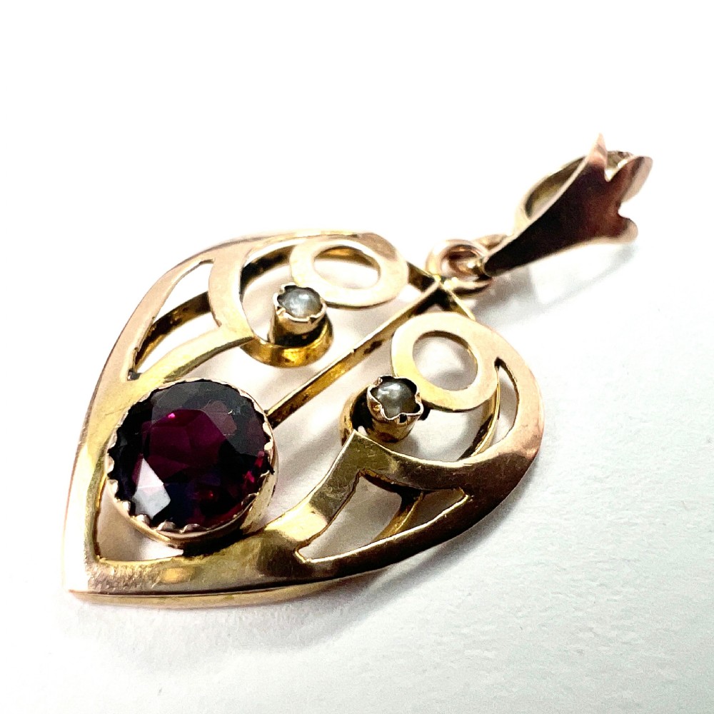 Antique Edwardian Heart Lavalier Pendant • 9CT Gold, Garnet, Pearl View II