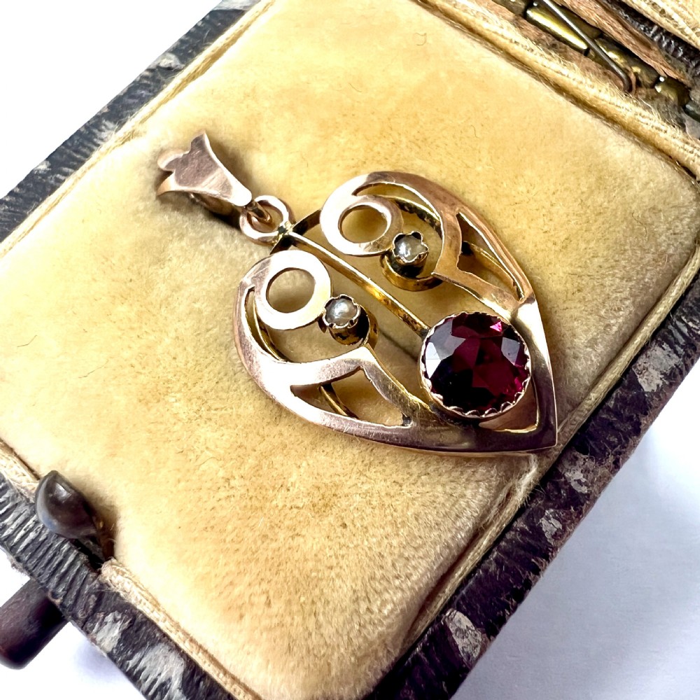 Antique Edwardian Heart Lavalier Pendant • 9CT Gold, Garnet, Pearl View IV