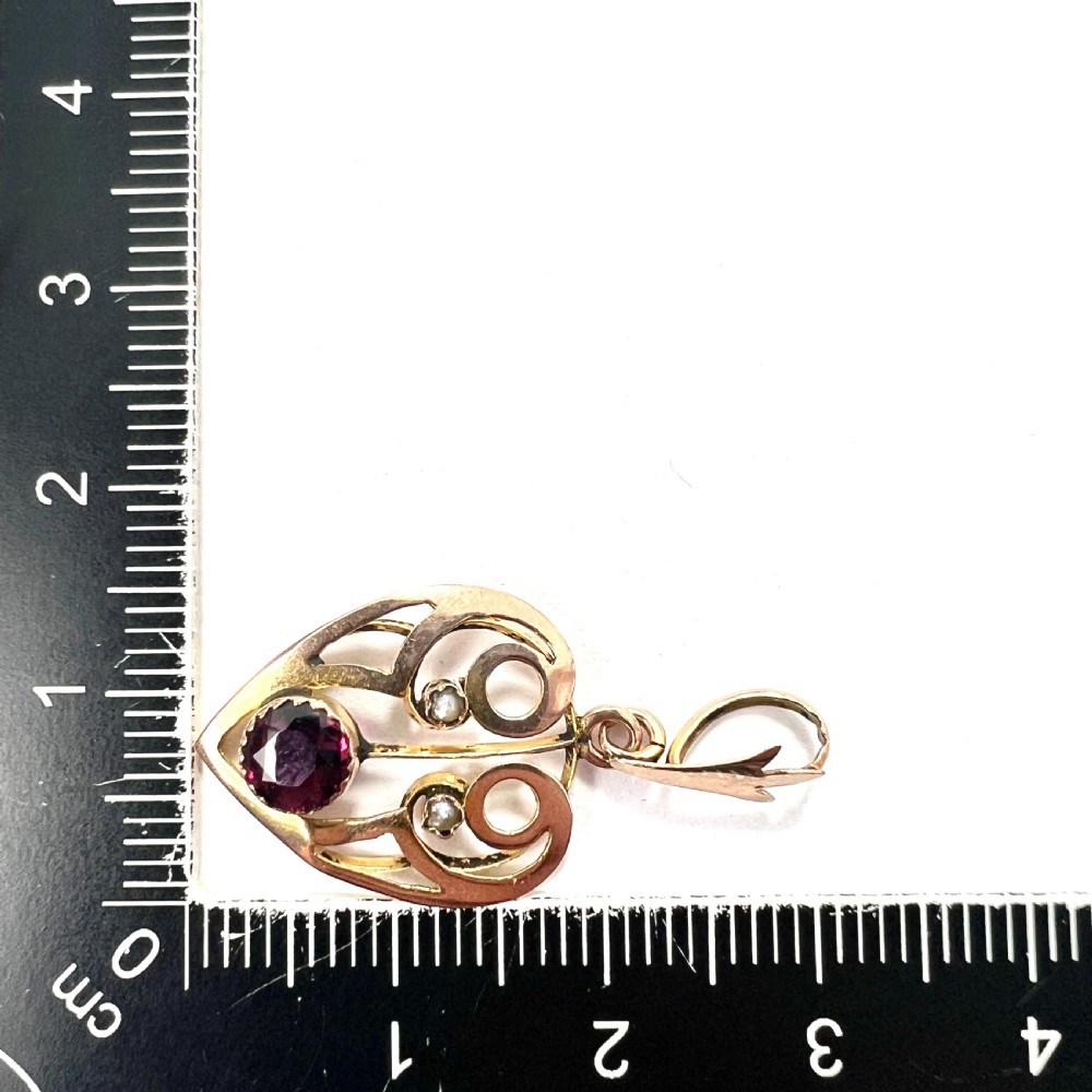 Antique Edwardian Heart Lavalier Pendant • 9CT Gold, Garnet, Pearl View VI