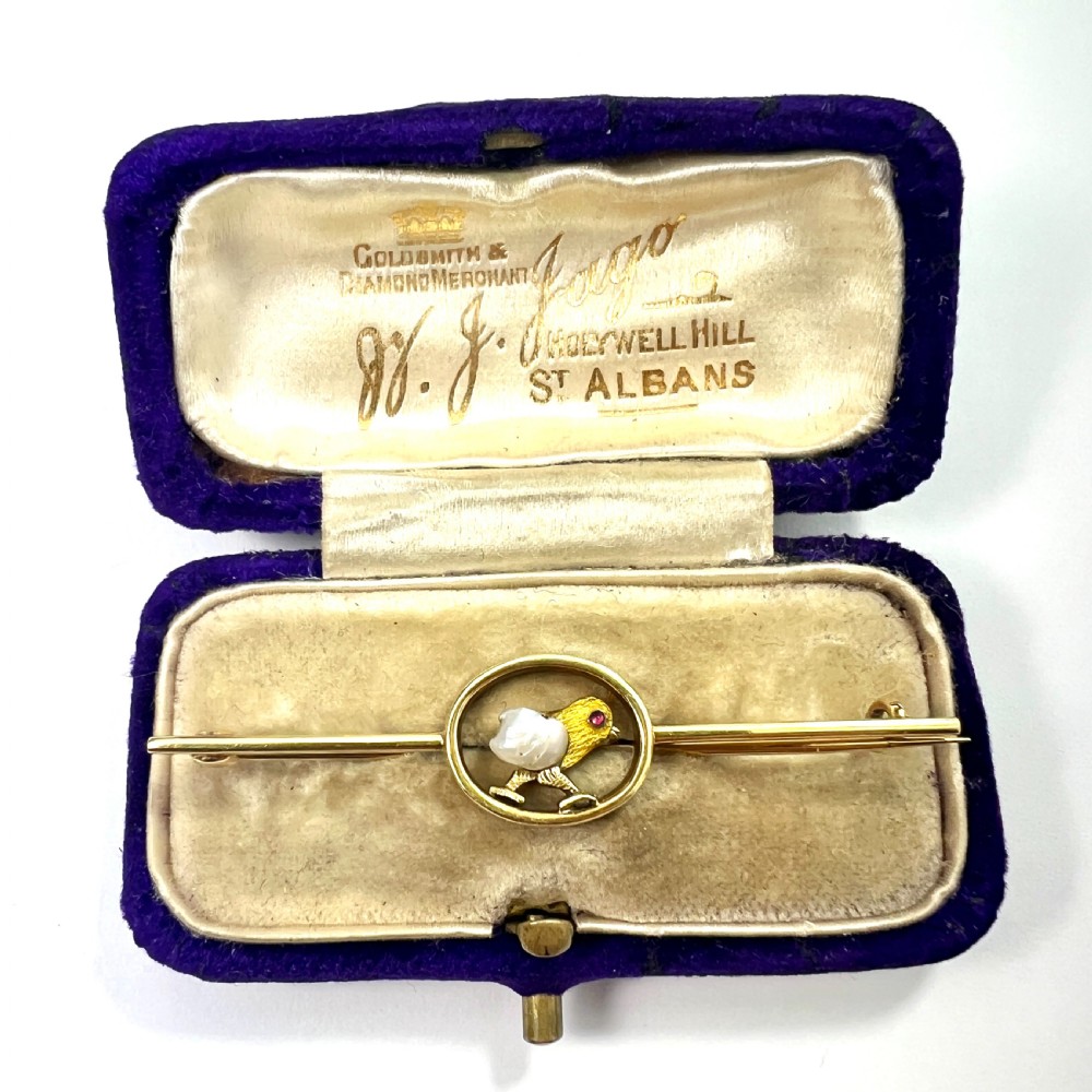 Edwardian Pearl, Garnet and Gold Enamel Chick Bar Brooch