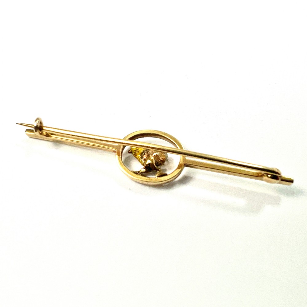 Edwardian Pearl, Garnet and Gold Enamel Chick Bar Brooch View II
