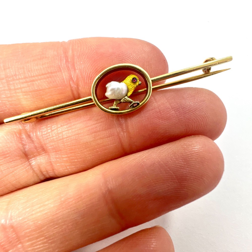 Edwardian Pearl, Garnet and Gold Enamel Chick Bar Brooch View III