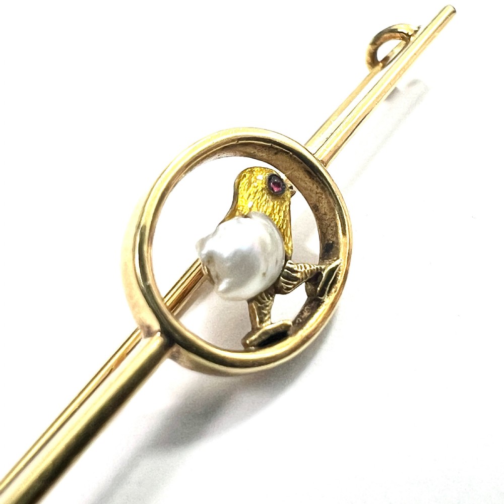 Edwardian Pearl, Garnet and Gold Enamel Chick Bar Brooch View IV