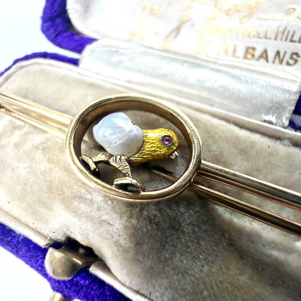 Edwardian Pearl, Garnet and Gold Enamel Chick Bar Brooch View V