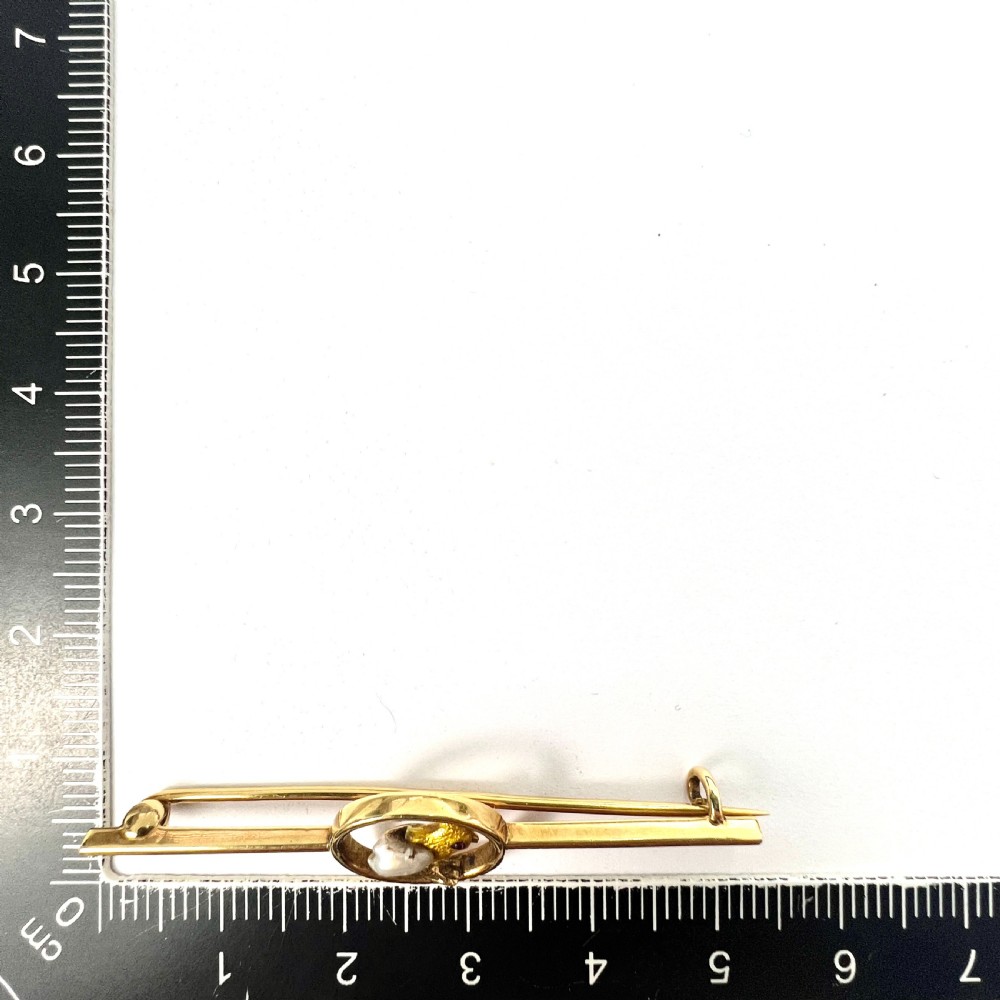 Edwardian Pearl, Garnet and Gold Enamel Chick Bar Brooch View VI