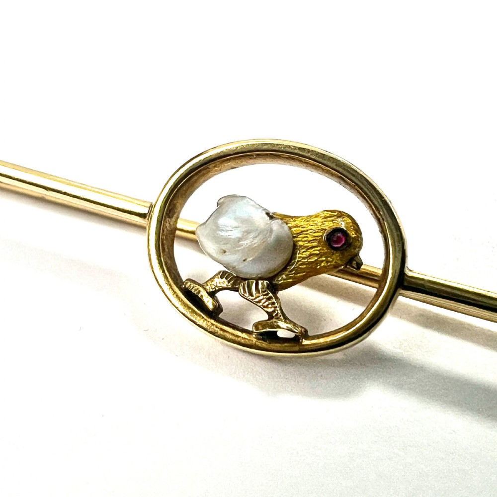 Edwardian Pearl, Garnet and Gold Enamel Chick Bar Brooch View VIII