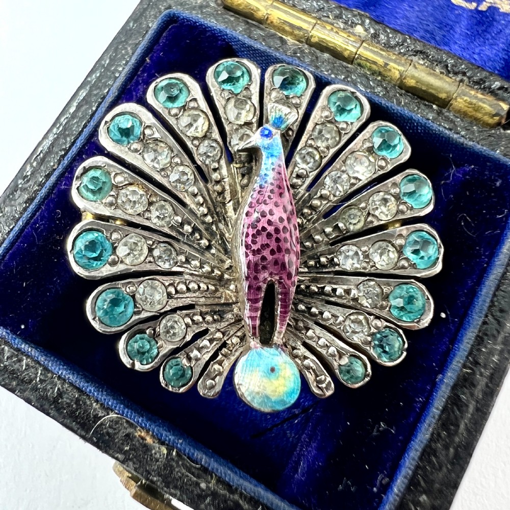 Edwardian Paste Peacock Brooch in Sterling Silver and Enamel View II