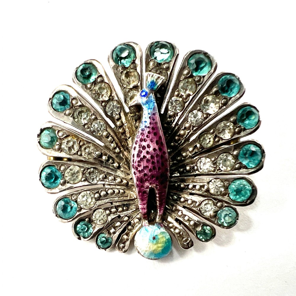 Edwardian Paste Peacock Brooch in Sterling Silver and Enamel View III