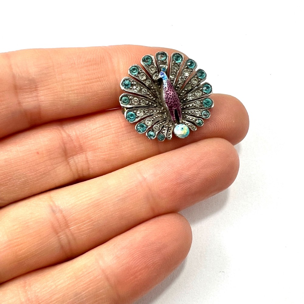 Edwardian Paste Peacock Brooch in Sterling Silver and Enamel View VI