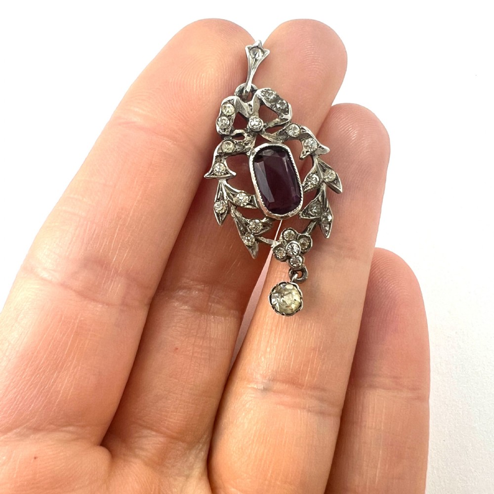 Edwardian Amethyst Paste Silver Pendant View VII