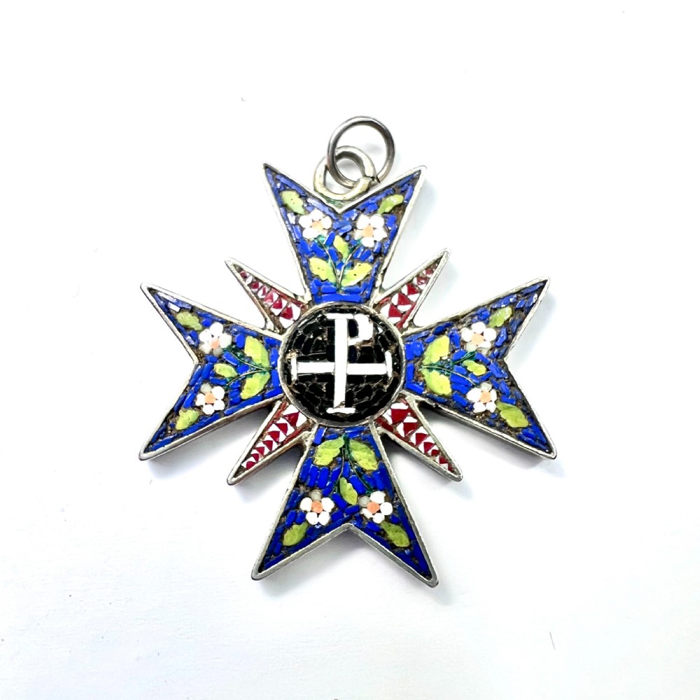 Antique Maltese Cross Silver Micro Mosaic Pendant 