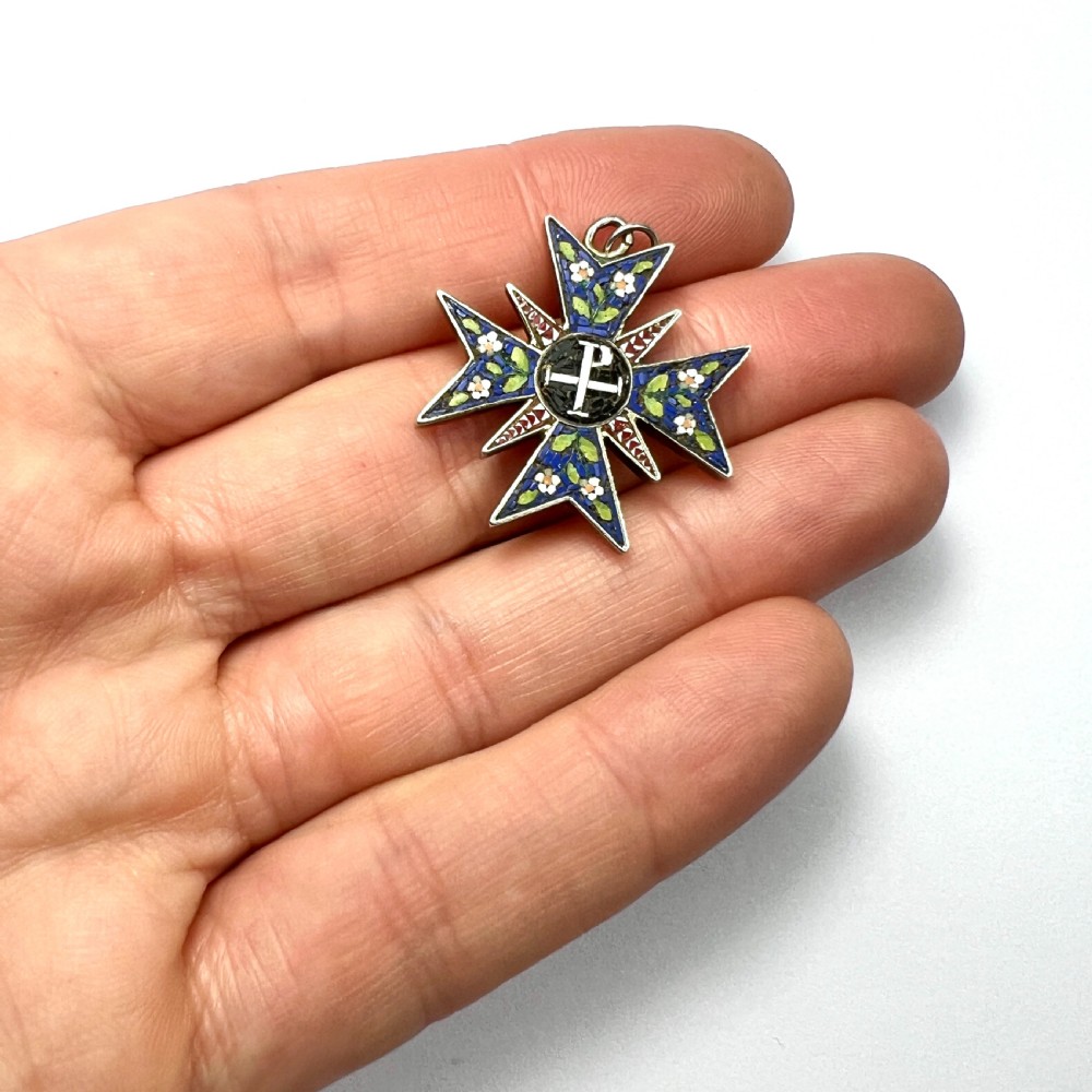 Antique Maltese Cross Silver Micro Mosaic Pendant  View V