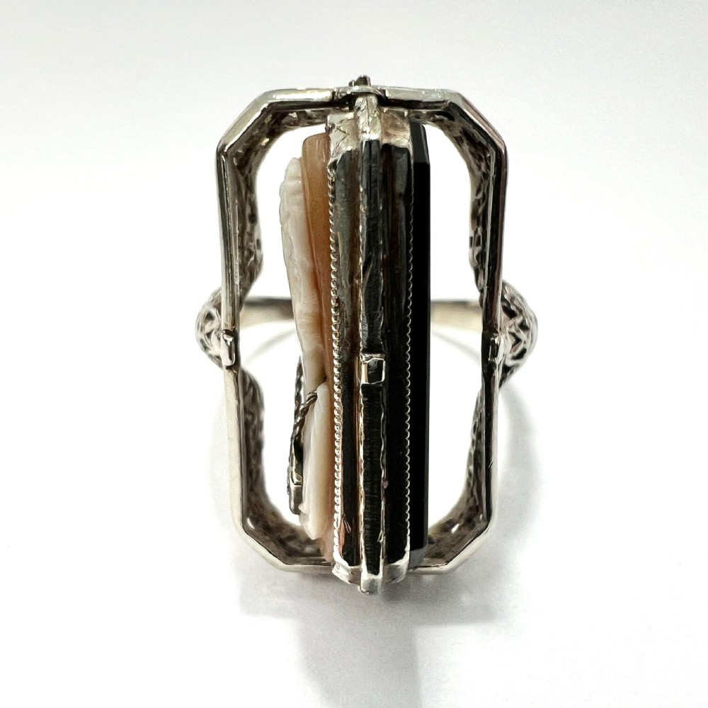 Art Deco 14CT White Gold Diamond Reversible Cameo Flip Ring View VIII