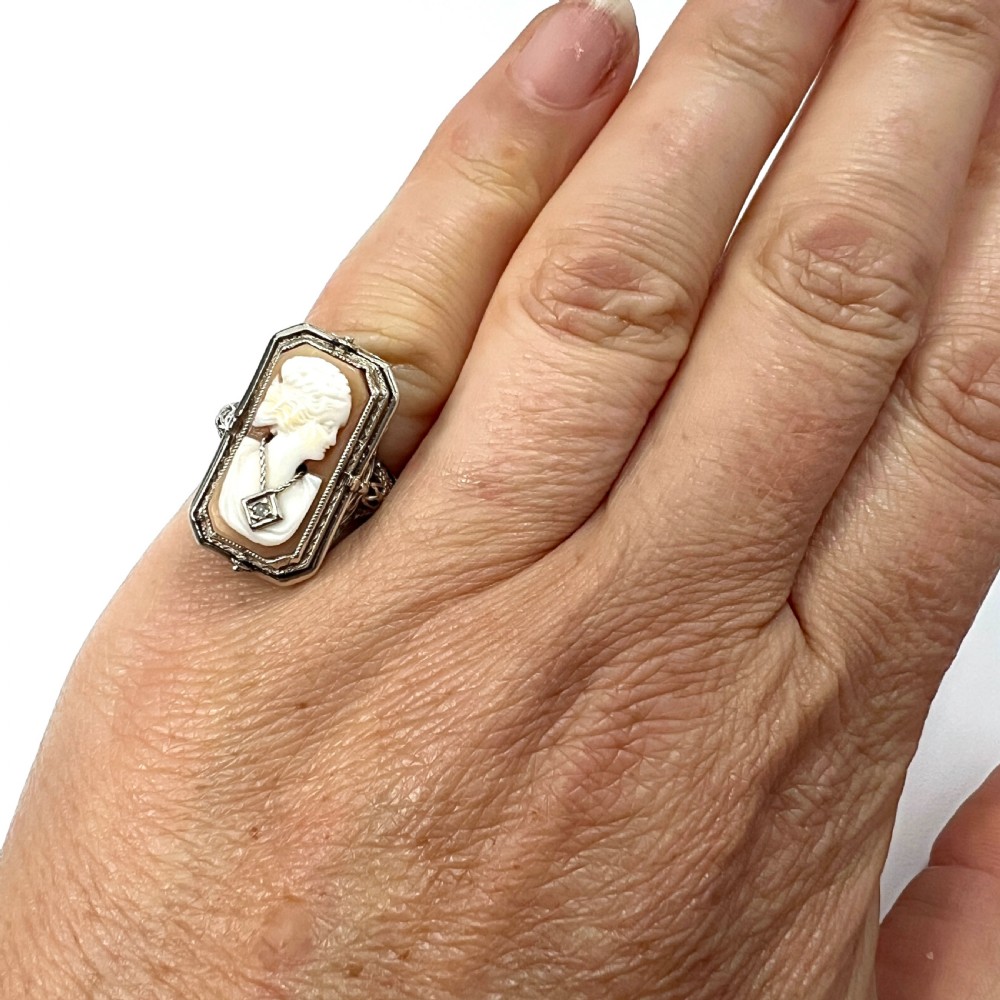 Art Deco 14CT White Gold Diamond Reversible Cameo Flip Ring View X