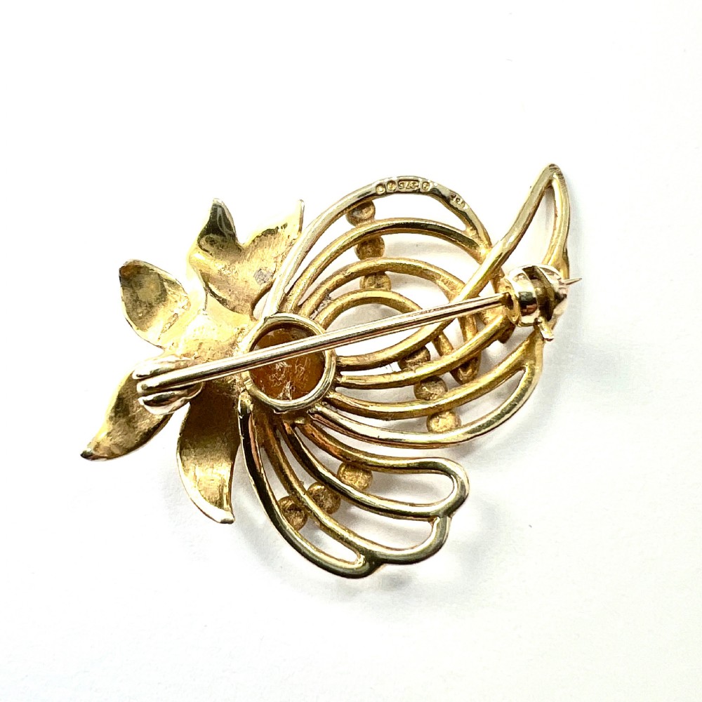Vintage 9CT Gold 1960s Modernist Citrine and Pearl Flower Brooch View IV