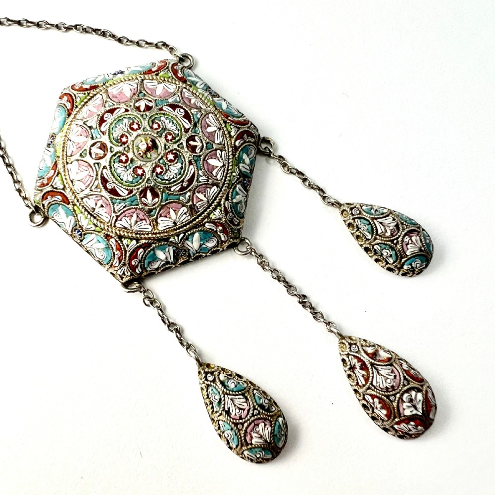 Antique Italian Micro Mosaic Silver Girandole Pendant Necklace