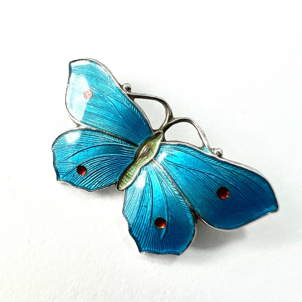 Sterling Silver John Atkins Turquoise Blue Enamel Butterfly Brooch  View II