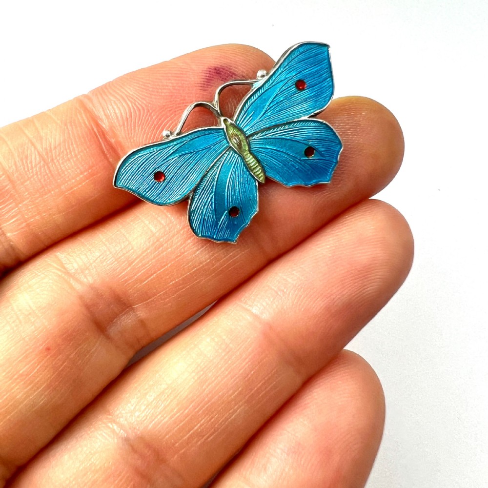Sterling Silver John Atkins Turquoise Blue Enamel Butterfly Brooch  View V