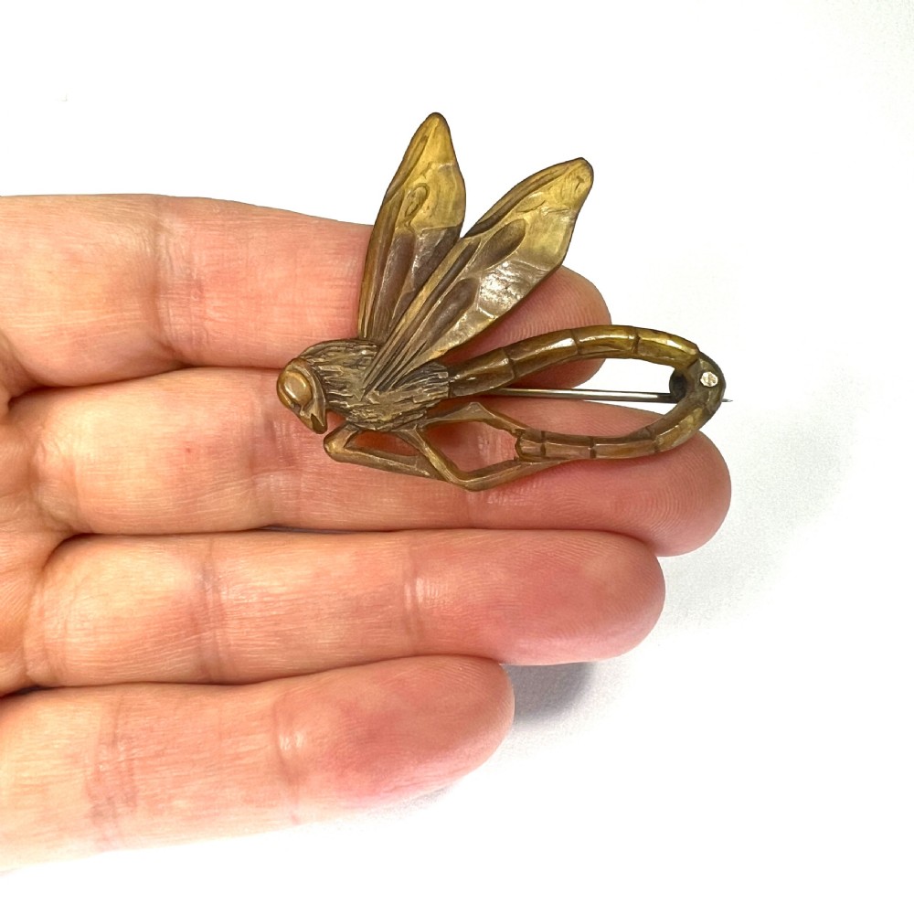 A carved horn brooch in the shape of a dragonfly with detailed wings and a curved body against a neutral background. View IV