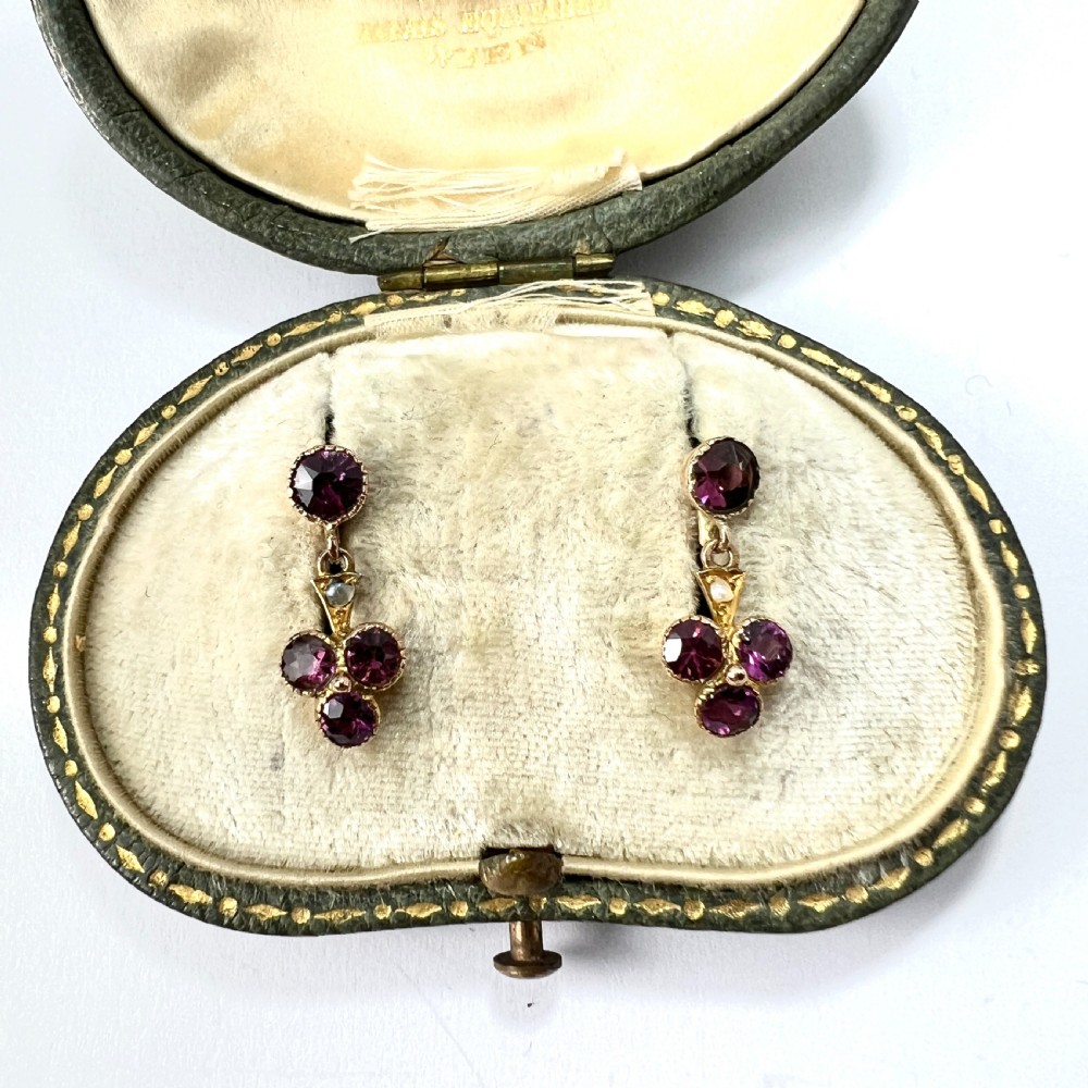 Edwardian 15CT Gold Almandine Garnet and Pearl Trefoil Earrings