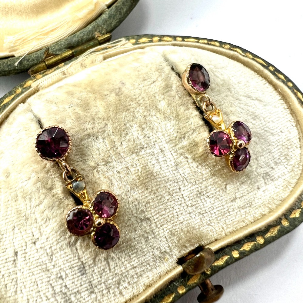 Edwardian 15CT Gold Almandine Garnet and Pearl Trefoil Earrings View III