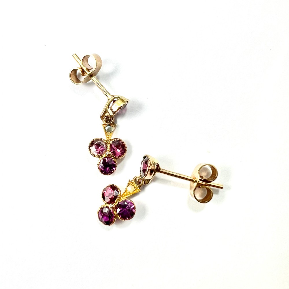 Edwardian 15CT Gold Almandine Garnet and Pearl Trefoil Earrings View V