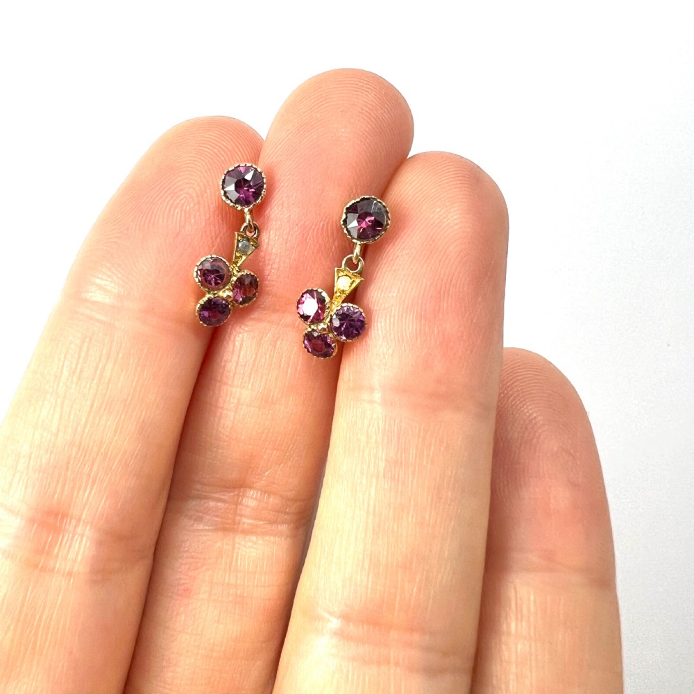 Edwardian 15CT Gold Almandine Garnet and Pearl Trefoil Earrings View VII