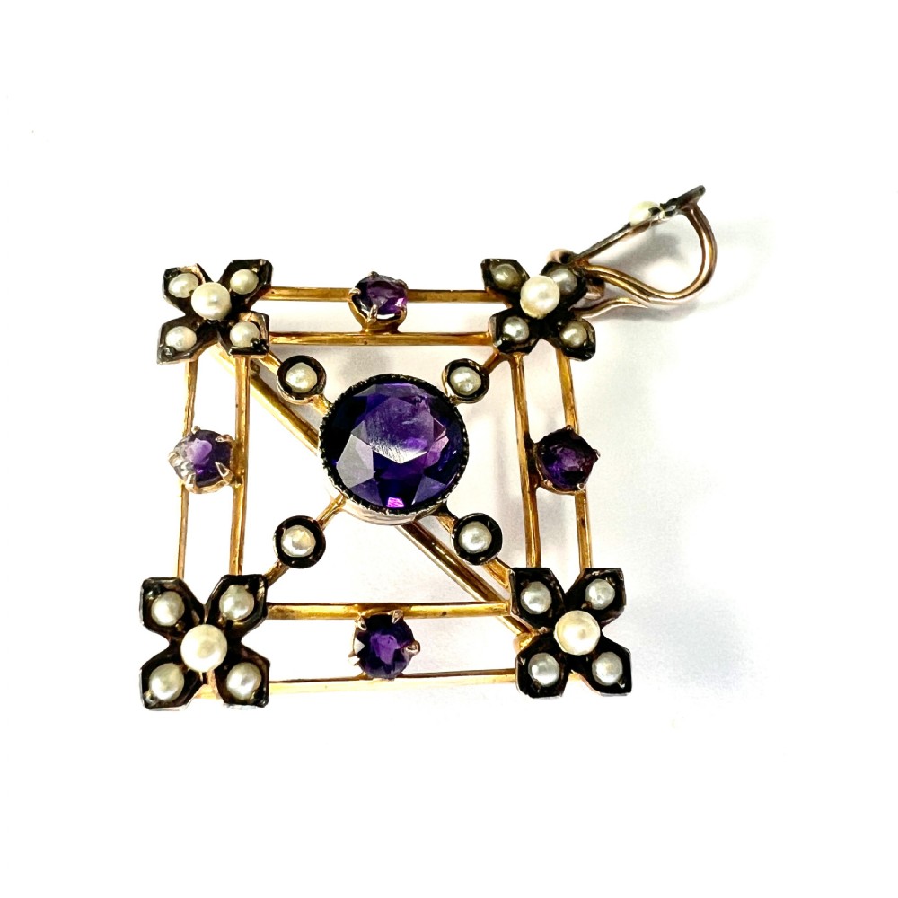 Edwardian 9CT Gold Amethyst Pearl Lavalier Pendant View III