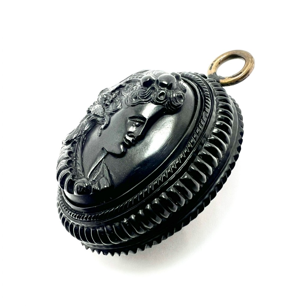 Large Victorian Whitby Jet Double Sided Cameo Pendant View V
