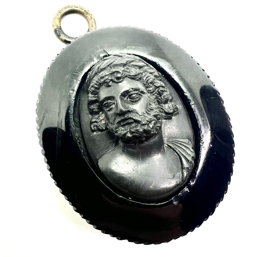 Large Victorian Whitby Jet Double Sided Cameo Pendant View VI