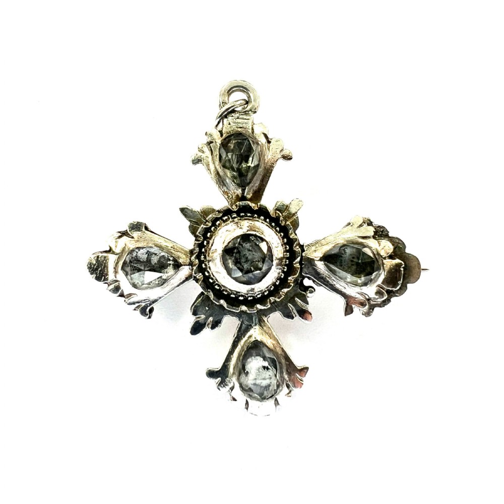 Georgian Silver Rose-Cut Rock Crystal Square Cross Pendant/Brooch