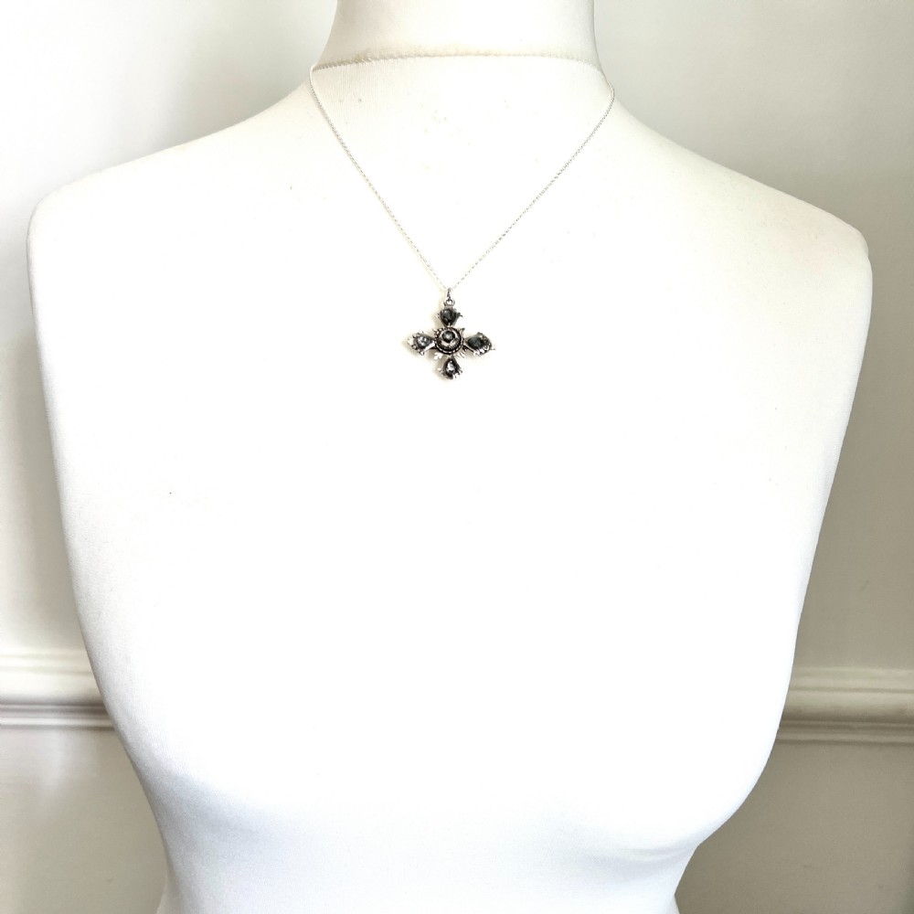 Georgian Silver Rose-Cut Rock Crystal Square Cross Pendant/Brooch View III
