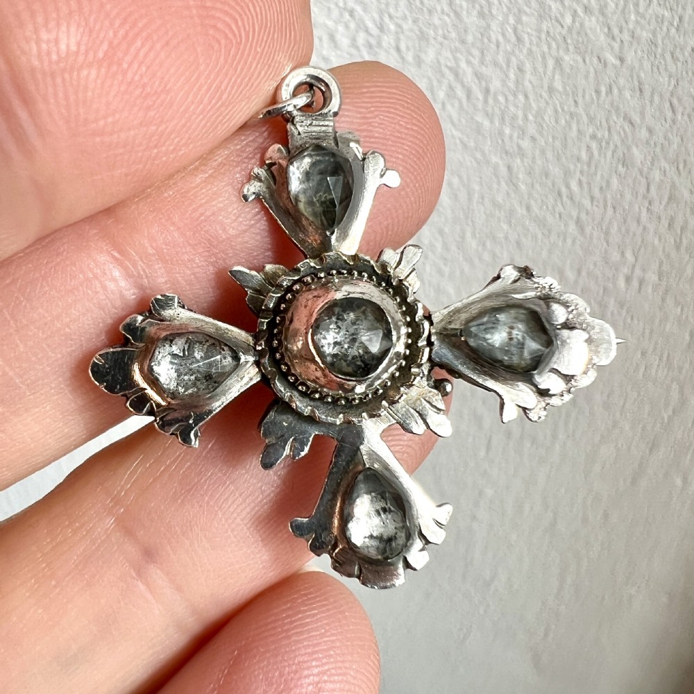 Georgian Silver Rose-Cut Rock Crystal Square Cross Pendant/Brooch View V