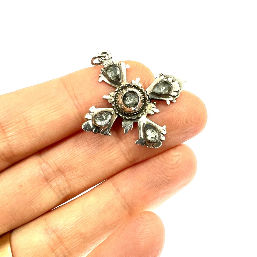 Georgian Silver Rose-Cut Rock Crystal Square Cross Pendant/Brooch View VIII