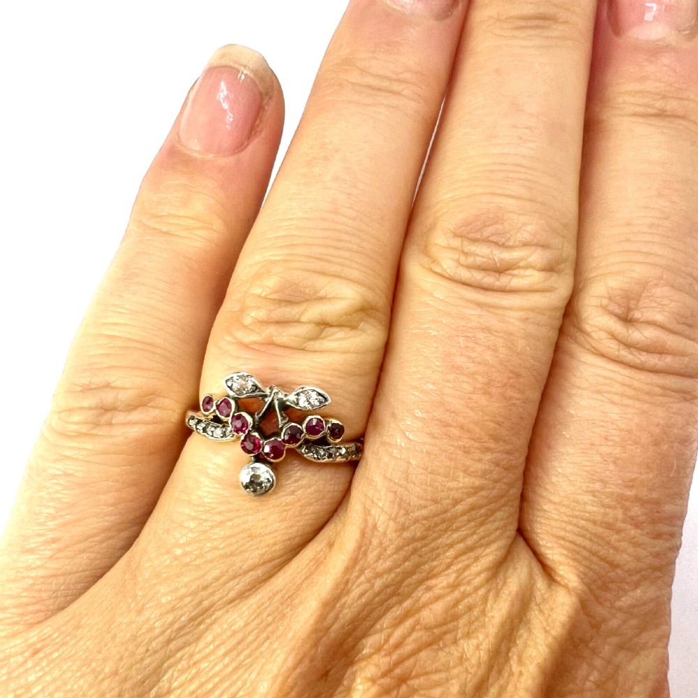 Antique Ruby and Diamond 14CT Gold Cherries Ring View VIII